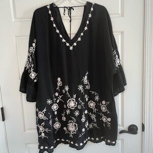 Soft Surroundings Embroidered Kaftan Womens Plus Size Black Boho Chic Cover Up
